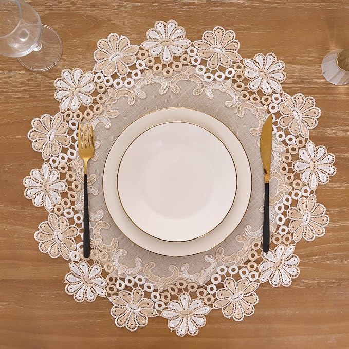 European Antique Jacquard Lace Table Doilies, Small Farmhouse Linen Embroidered - Image 2