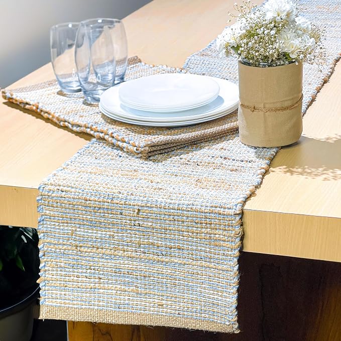 Natural Jute Table Runner, 13x72 Inch | Sky Blue-White, Vintage Boho Rustic by ChardinHome