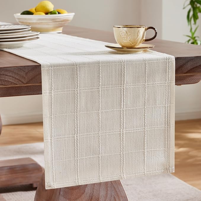 Linen Checked Farmhouse Table Runner, 13x60 Inches Ivory | Raised Grid Design - Image 4