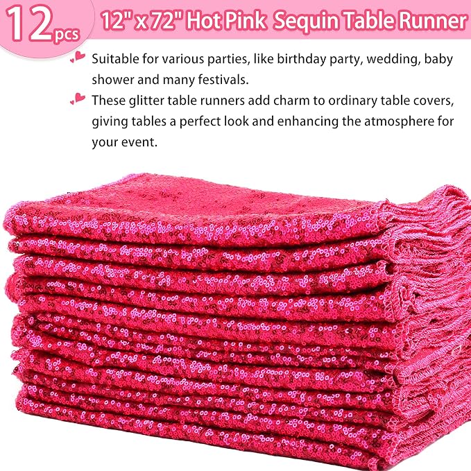 12 Packs 12 X 72 Inch Hot Pink Sequin Table Runner Glitter Dining Table Runner - Image 2