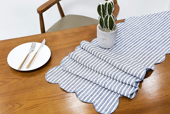 100% Natural Linen Rustic Scalloped Embroidery Table Runner 60 Inches, Linen - Image 5