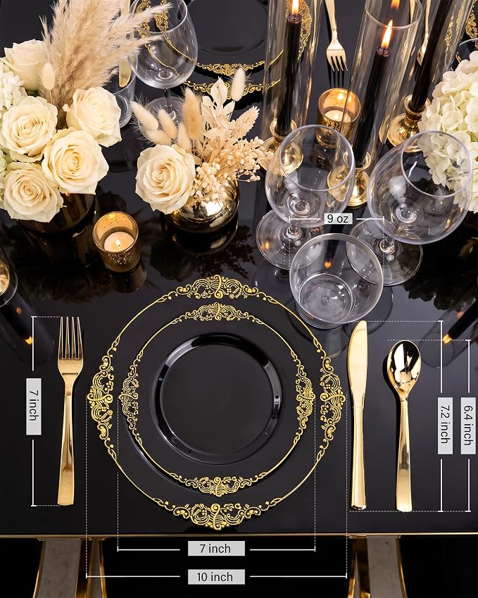 Nervure 600Pcs Black Plastic Plates, Plastic Dinnerware Set - Image 8