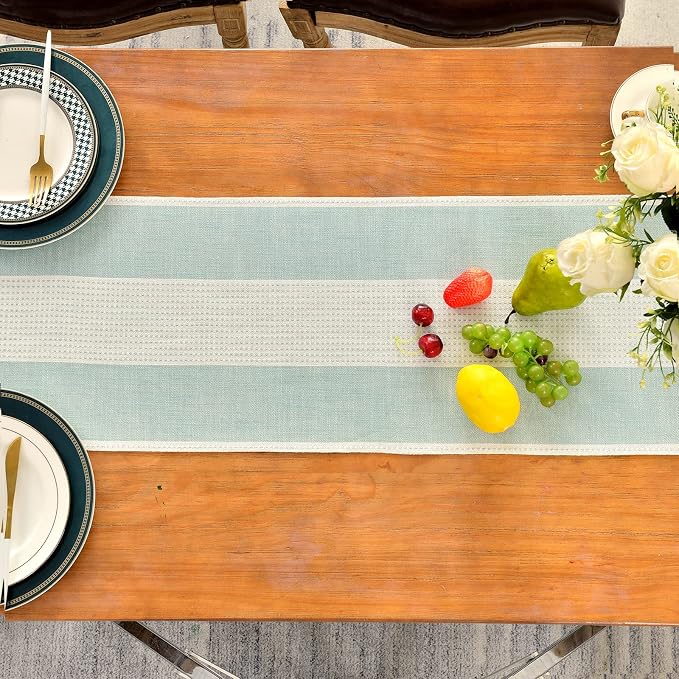 Wracra Linen Table Runner, Stripe Table Runners 108 Inches Long Aque Blue | - Image 4