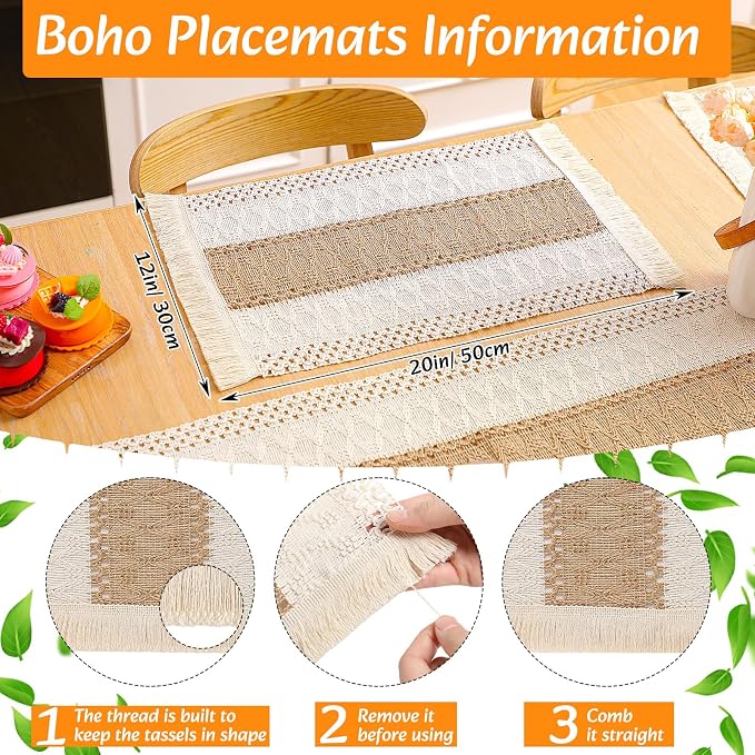 4 Sets Boho Decoration Placemats Round Woven Placemats, Cloth Napkins, Wood - Image 3