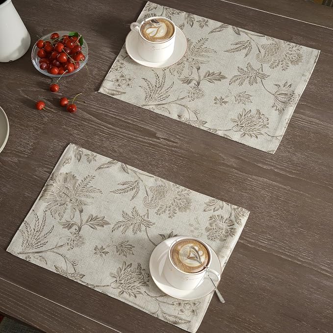 JINCHAN Sliva Linen Floral Placemats Set of 4 Farmhouse 13x19 Inch Taupe | - Image 2
