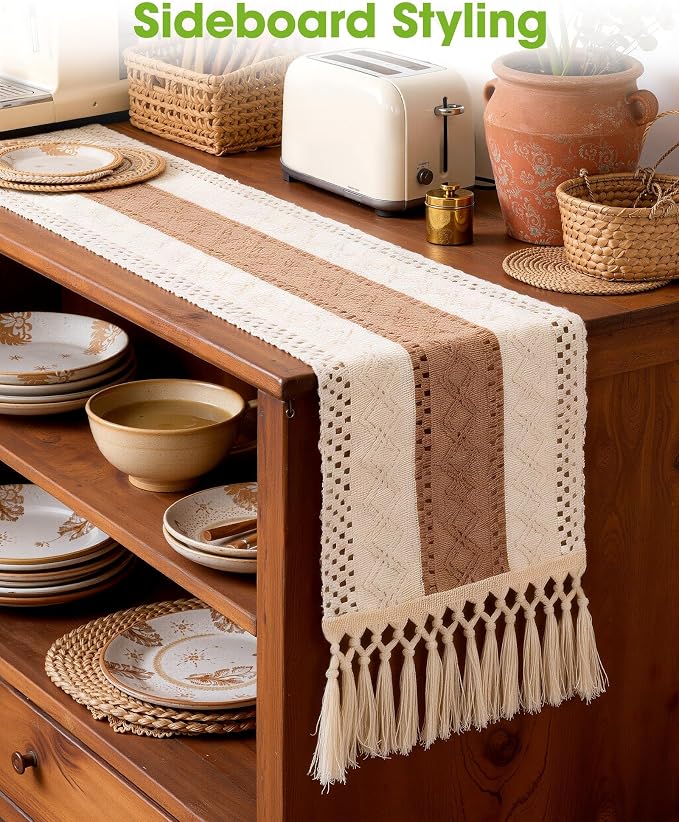 Pureegg Boho Table Runner 12 x 108 Inch, Woven Tassel Design | Dining Table - Image 6