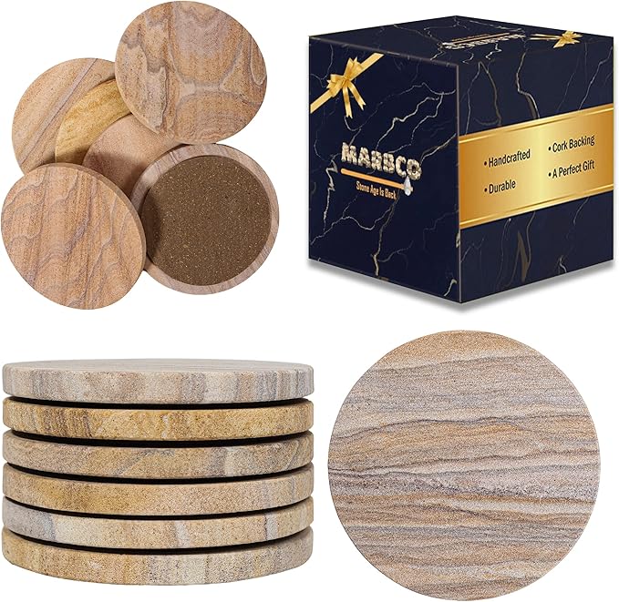 Sandstone Water Absorbent Hand Crafted Round Coasters by Marbco