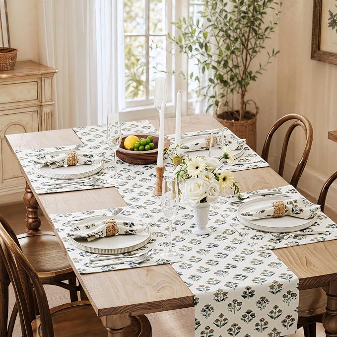 Block Print Floral Decorative Table Runners, 13x90 Inch Latte | 100% Organic - Image 7