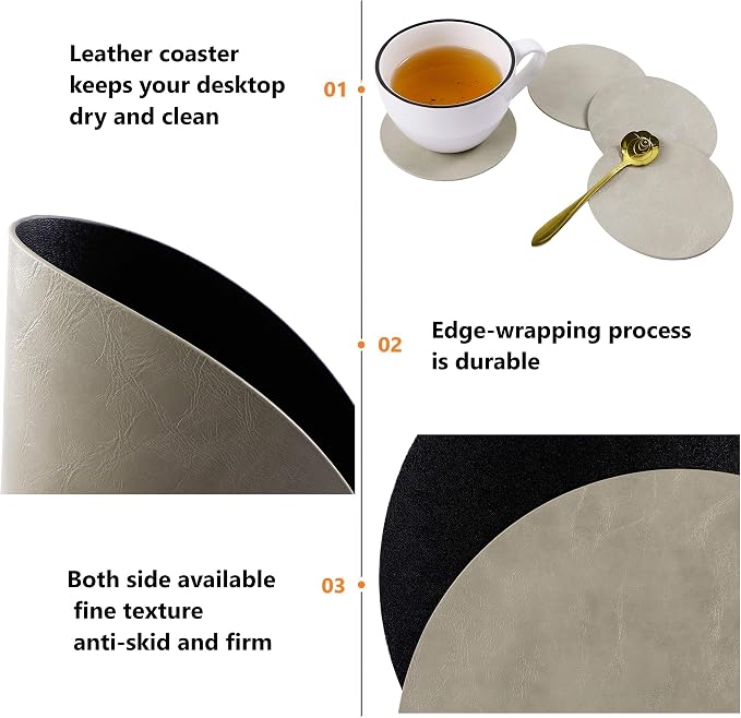 Set of 6 Faux Leather Round Placemats and Coasters, Coffee Mats Kitchen Table - Image 2