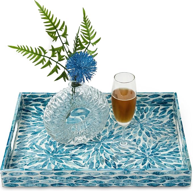 Serving Tray 15.7" X11.8", Lacquer Mother of Pearl Inlay Mosaic Tray, Rectangle by WovenWickerThings