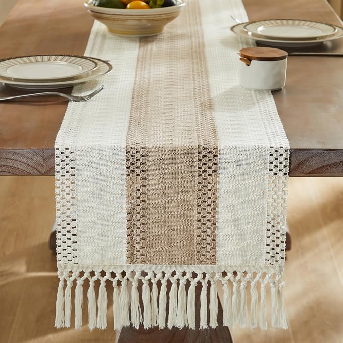 Macrame Style Bicolor Stitching Table Runner 14x90in Taupe | Woven Boho Table - Image 3