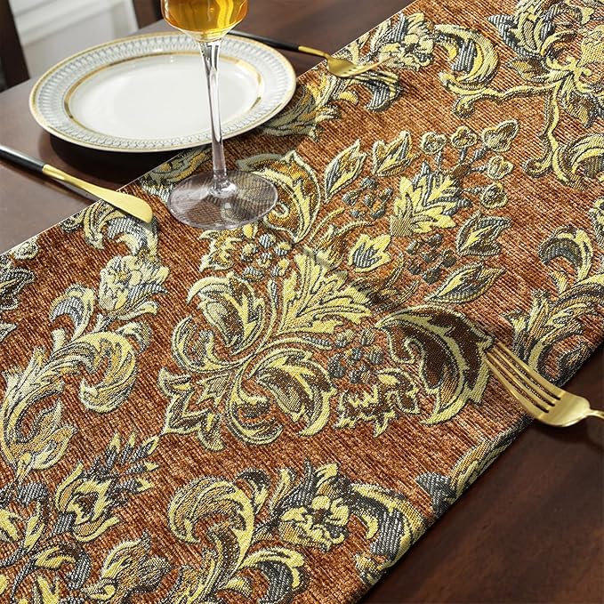 Vintage Table Runner 13x98 Premium Chenille Caramel Euro Floral Pattern | - Image 5