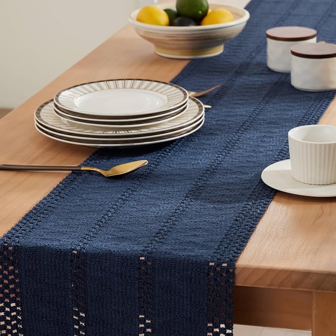 Macrame Style Boho Table Runner, 12x72 Inch Navy Blue | Woven Boho Table Runner - Image 5