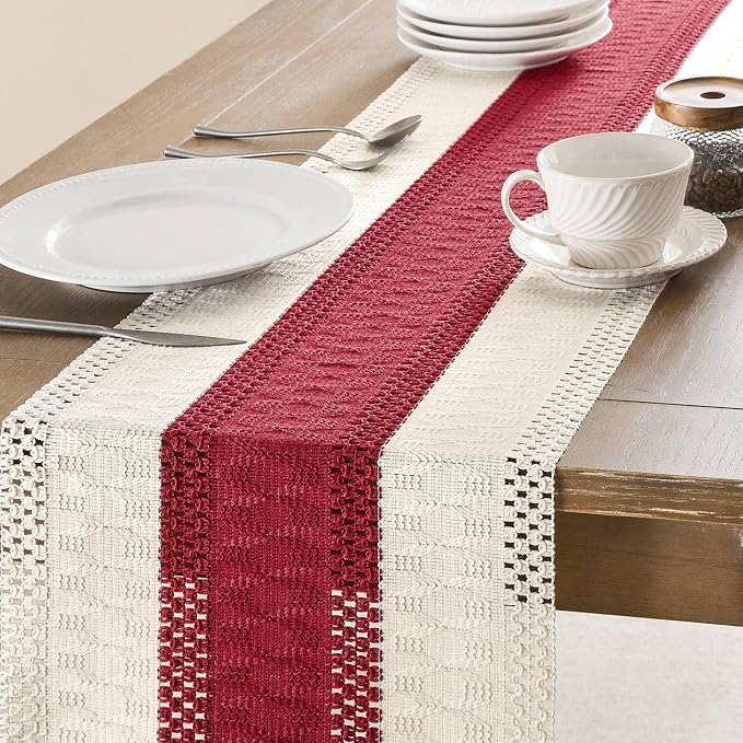 Macrame Style Bicolor Stitching Table Runner 14x72in Red | Woven Boho Table - Image 4