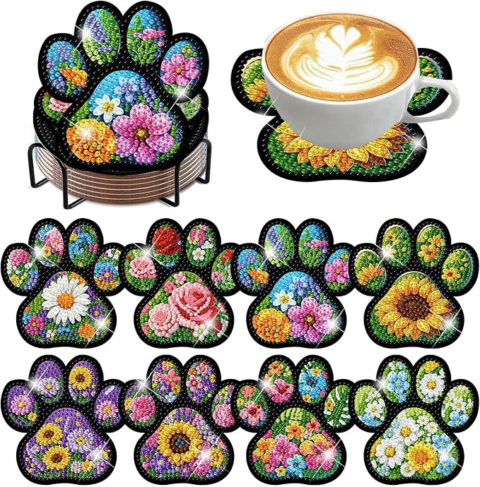 ijbnhd 8 Pcs Diamond Art Coasters Kits Dog Paw 4x4 inch | Diamond Painting by ijbnhd