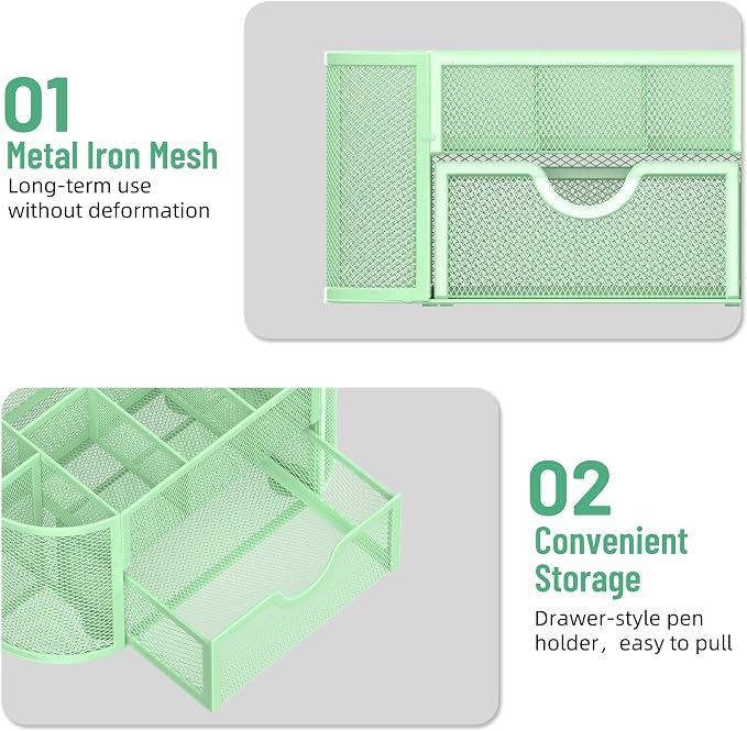 Mesh Desk Organizer with Drawer, 9-Compartment Pen Holder - Image 5