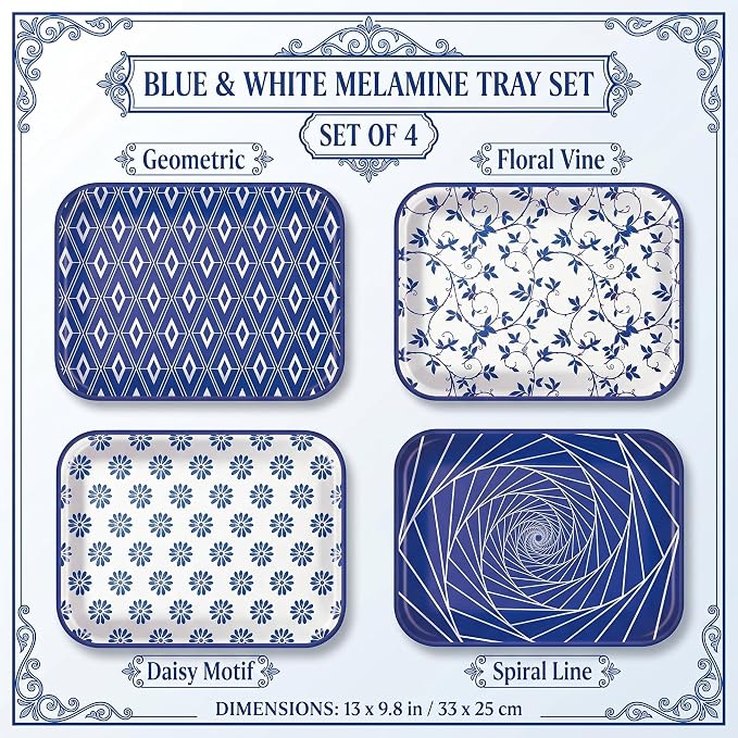 Vesici 4 Pack Blue and White Melamine Serving Trays, 13 x 10 Inch Rectangular - Image 2