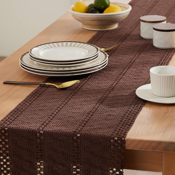 Macrame Style Boho Table Runner, 12x48 Inch Chocolate | Woven Boho Table Runner - Image 5