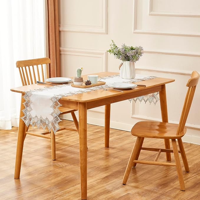 White Lace Table Runner 120” Table Runners | Neutral Earth Tones Lace edge - Image 3