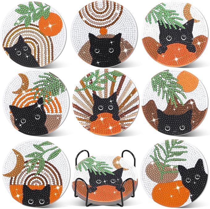 8 Pcs Boho Diamond Art Painting Coasters Holder Black Cat | Abstract Diamond by Ovveroche