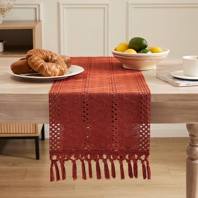 Macrame Style Boho Table Runner, 12x72 Inch Rust | Woven Boho Table Runner - Image 2