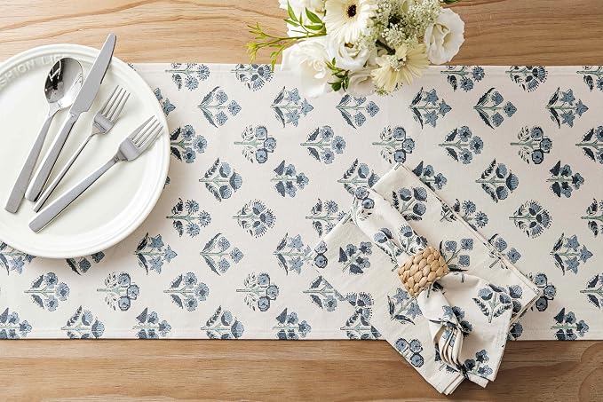 Block Print Floral Decorative Table Runners, 13x90 Inch Dusty Blue | 100% - Image 4