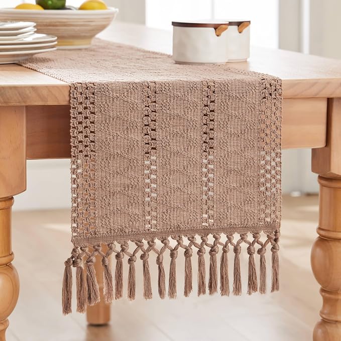 Macrame Style Boho Table Runner, 12x90 Inch Taupe | Woven Boho Table Runner - Image 7