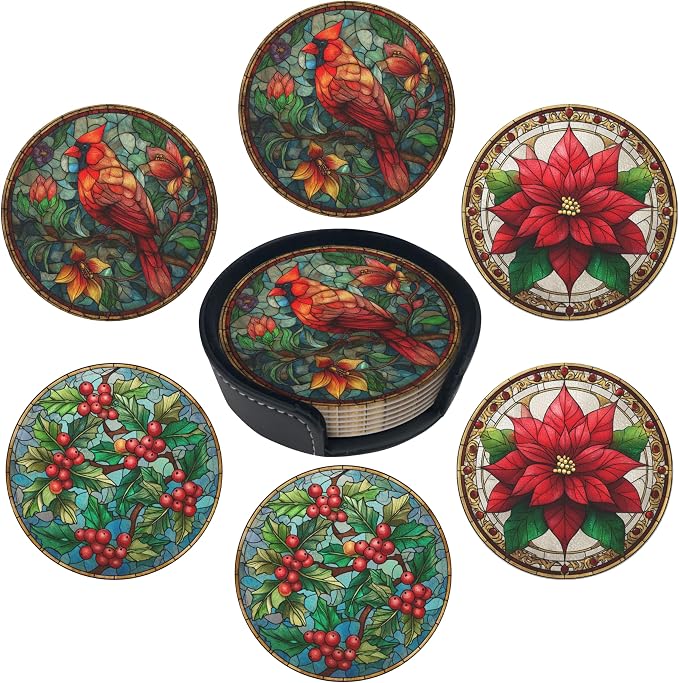 Christmas Bird Coasters Leather Round Drink Coasters 6 Pcs Set by Yopiiefa