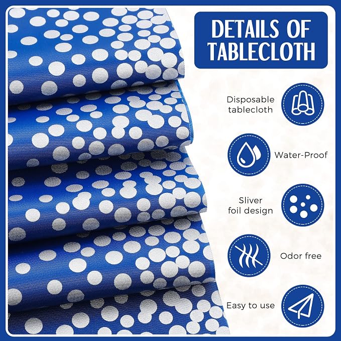 8 Pack Navy Blue and Silver Disposable Plastic Tablecloths and Satin Table - Image 3