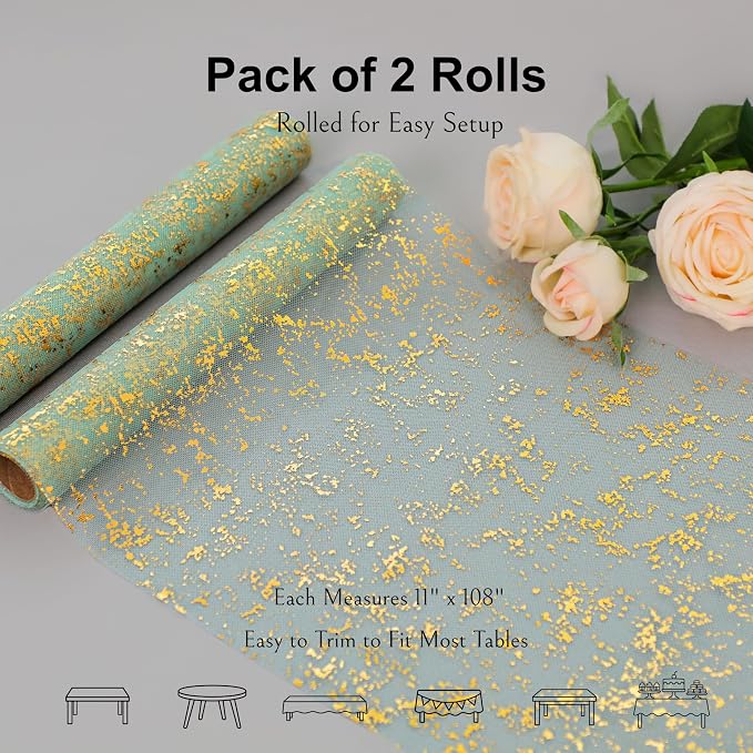 Snowkingdom Sage Green Table Runner 2PCS 11 x 108 Inch Metallic Foil Sequin - Image 2