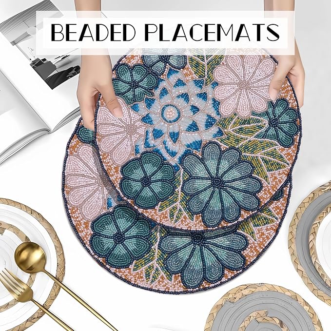 13" Flower Beaded Placemats, Teal Multi, Round Dining Table Mat | Flower Beaded - Image 5