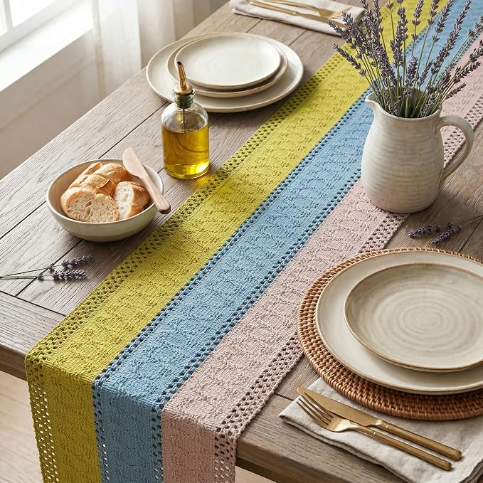 Artoid Mode Yellow Blue Pink Farmhouse Rustic Table Runner 12x108 Inch | - Image 3