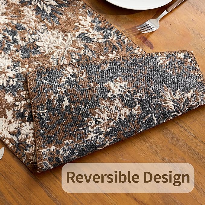 ORTIGIA Vintage Floral Table Runner, Boho Chenille Coffee Brown Farmhouse - Image 5