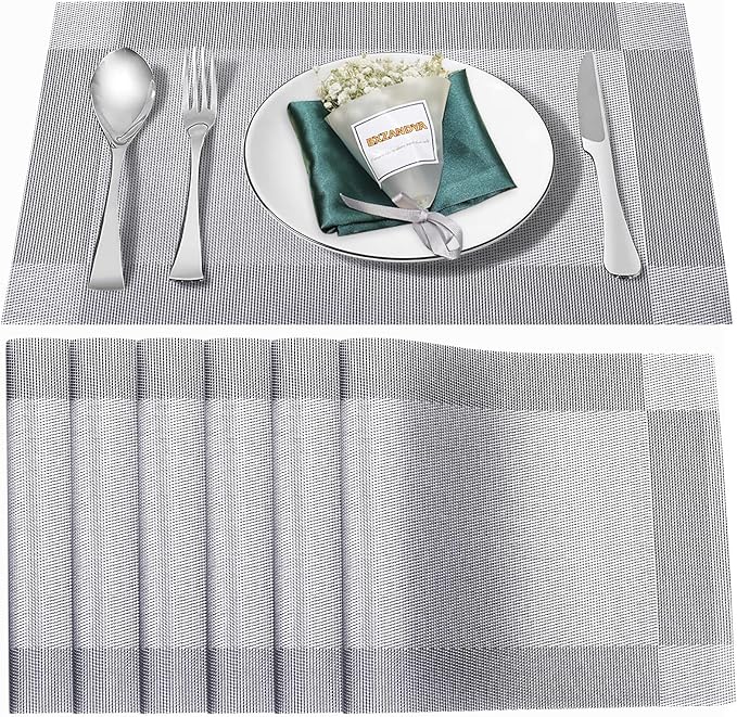 Placemats Set of 6, Vinyl Weave Silver Non Slip Table Mats | Heat Resistant by BxzanDya-LifeSmartMaker