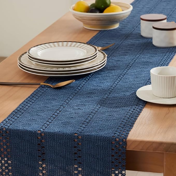 Macrame Style Boho Table Runner, 12x48 Inch Dusty Blue | Woven Boho Table Runner - Image 5