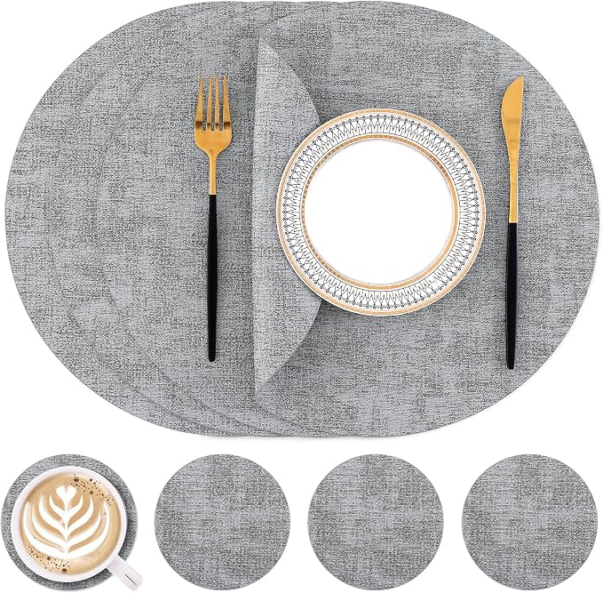 Homaxy Round Faux Leather Placemats and Coasters, Light Grey | Washable by Homaxy