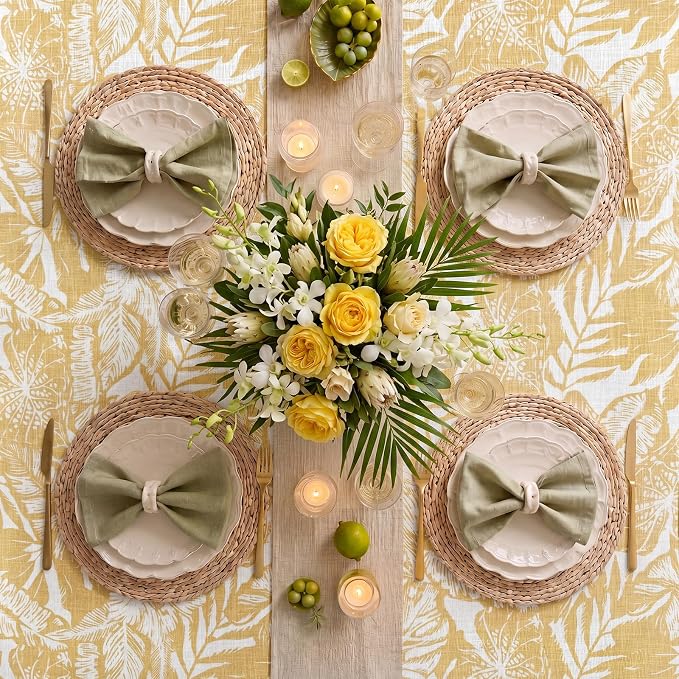 jinchan Yellow Tropical Floral Linen Rectangle Table Cloth 50x70 | Bright - Image 7