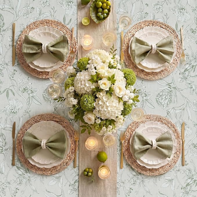 jinchan Green Floral Linen Rectangle Table Cloth 50 x 84 Inch | Natural - Image 7