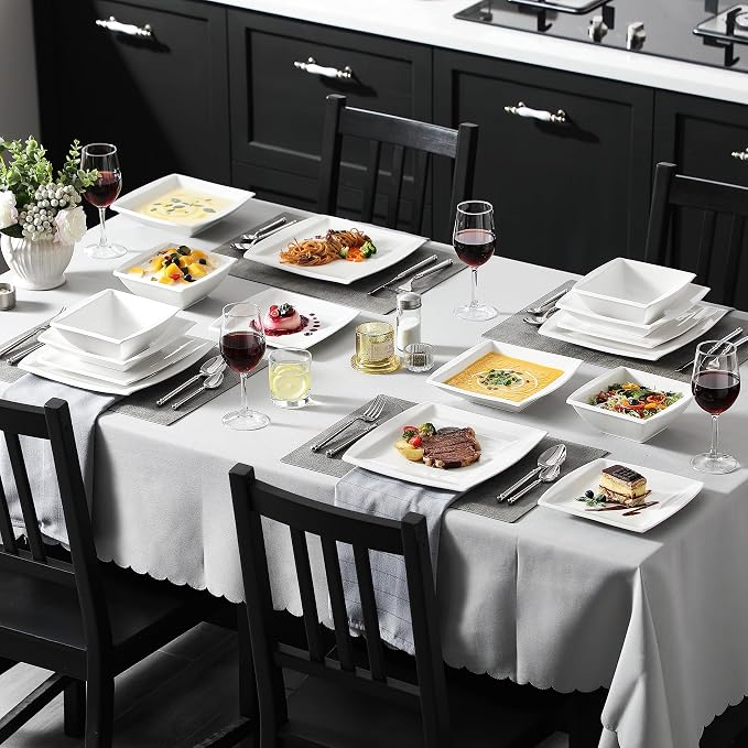 MALACASA 30 Piece Porcelain Dinnerware Set, Square Plates and Bowls - Image 6