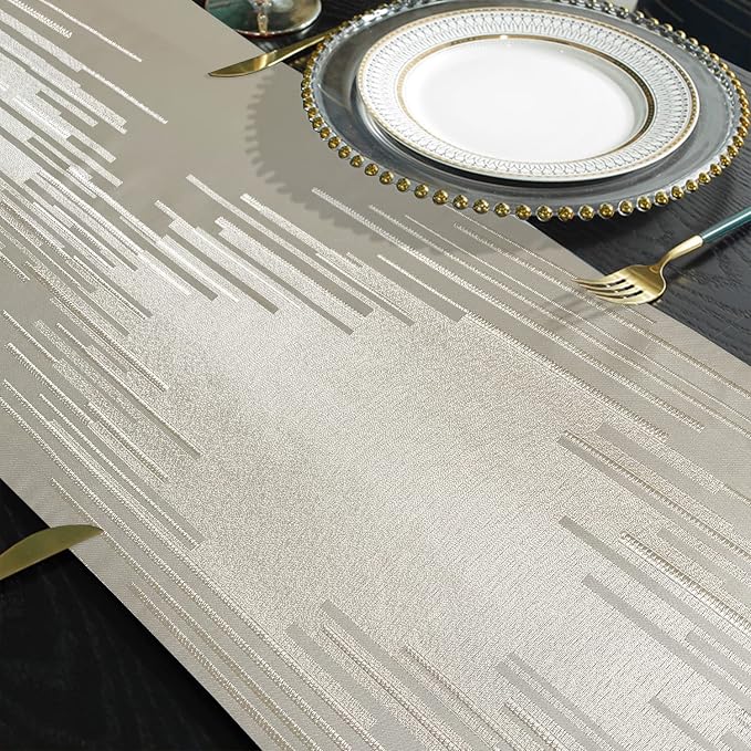 Luxury Beige Table Runner 13 x120 Inch, Modern Abstract Striped, Tassels | - Image 5