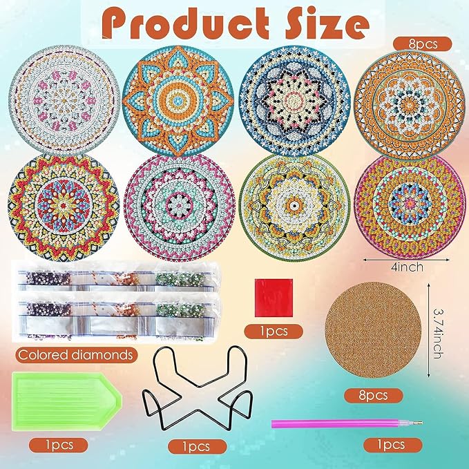 ijbnhd 8 Pack Mandala Diamond Art Coasters Kits 4x4 inch | Mandala Diamond - Image 3