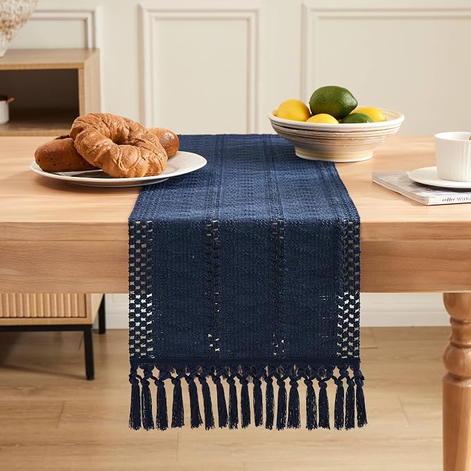 Macrame Style Boho Table Runner, 12x36 Inch Navy Blue | Woven Boho Table Runner - Image 2