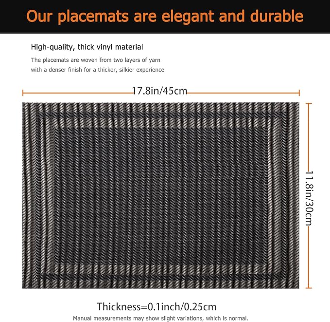 Black Gold Vinyl Placemats Set of 8, Heat Resistant Table Placemats | 18x12 - Image 3