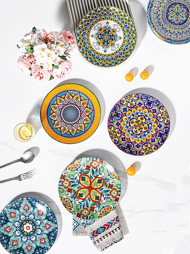 HENXFEN LEAD Boho Ceramic Salad & Dessert Plates Set of 6, 8.5 Inch | Assorted - Image 3