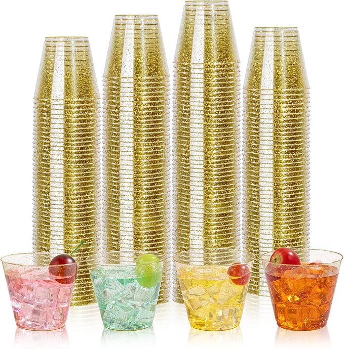 I00000 5oz 100 Pack Gold Glitter Plastic Cups, Glitter Disposable Small Plastic by I00000