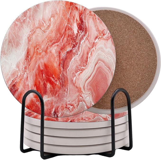 Red Marble Round Coasters Set of 6 by Unknown