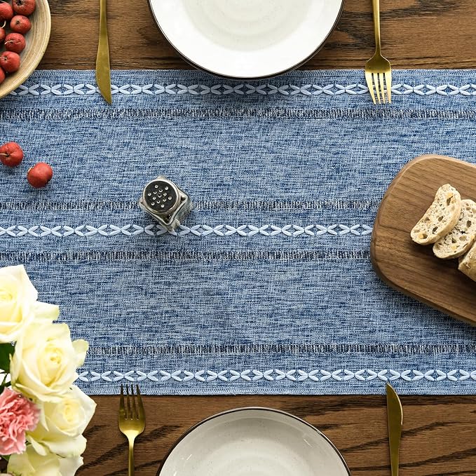 Artoid Mode Blue Rustic Cotton Linen Table Runner, Seasonal Embroidered Hollow - Image 2