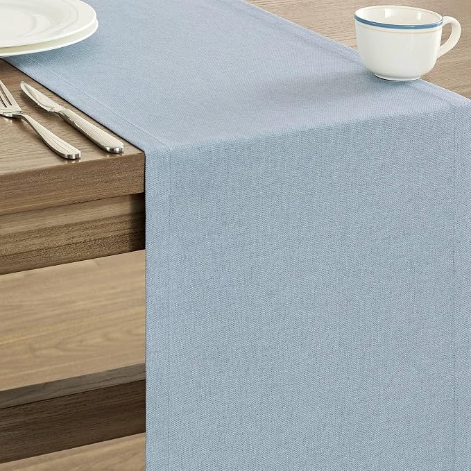 Basic Linen Style Table Runner, 14x60 Inch Chambray Blue | Mitered Corner Design - Image 4