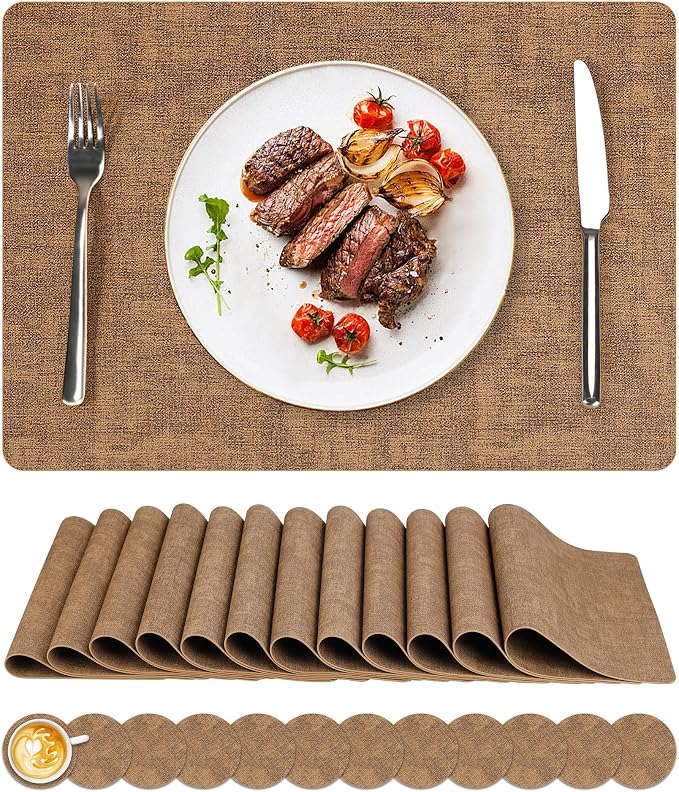 NCUE Vinyl Placemats Set of 12, Heat Resistant, Nonslip Faux Leather Waterproof by NCUE