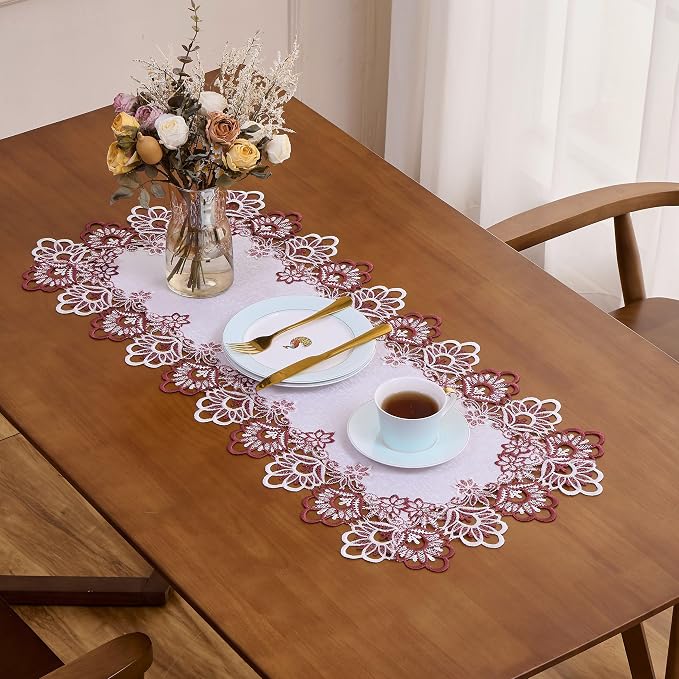 White Dark Red Jacquard Lace Table Runner 48 inches Long, Claret Dresser Scarf - Image 6